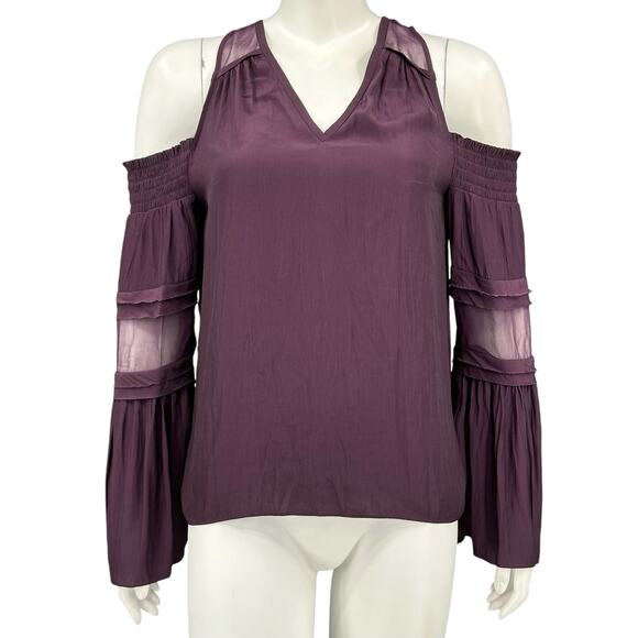 Ramy Brook Top Womens Small Purple Merlot Faretta Cold Shoulder V-Neck Romantic‎ - Picture 1 of 8